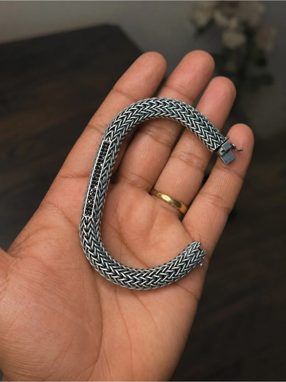 925 Sterling Silver Braided Bracelet with Black Stones – 10.5 mm – 8.2” inches